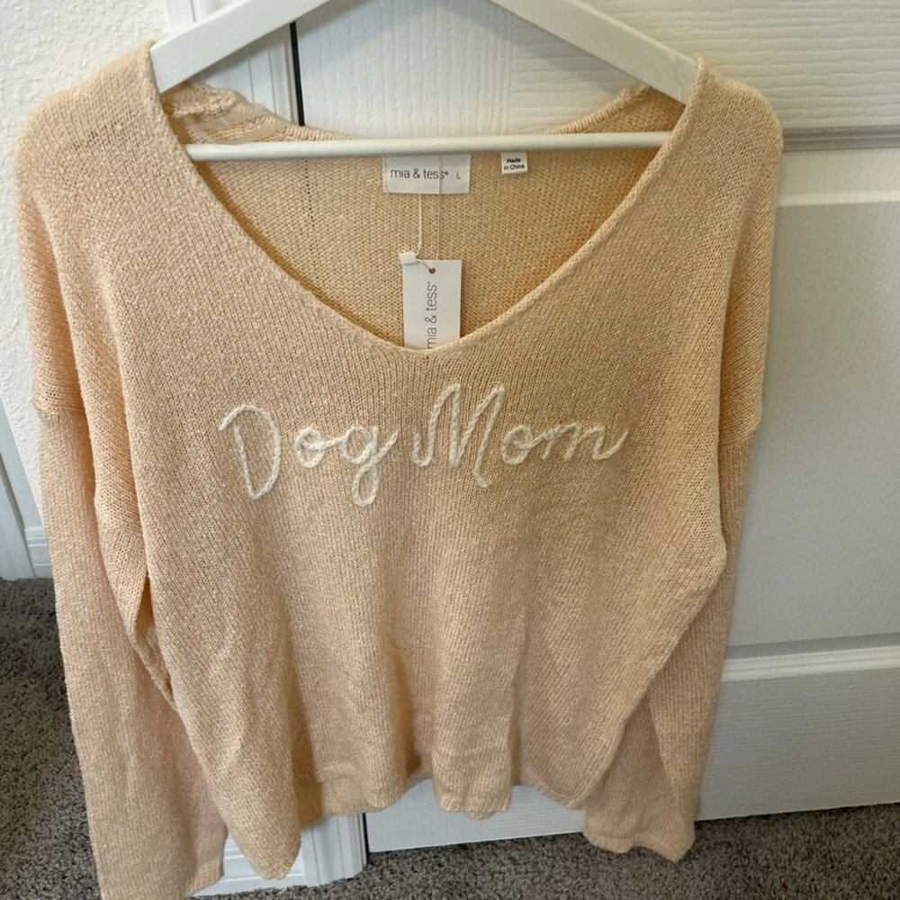 NWT Mia Tess Long Sleeve Light Dog mom Embroidered Pullover Sweater Boho L Nylon